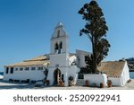 A close view of the famous church Panagia Vlacherna at the location of Kanoni, Corfu.