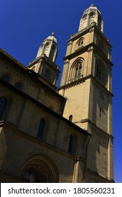 Close Up View Of Famous Tower Of Grossmünster Church In Zurich, Switzerland