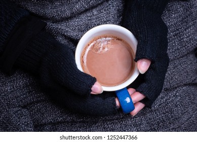 Close up view of  female hands wearing fingerless gloves,  holding a cup of hot chocolate