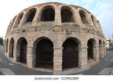 Close view with fisheye lens of the open theatre of Verona, Ital