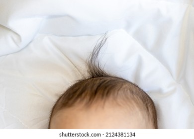 Close Up View Of Forehead And Head Of A Baby Boy With Funny Thread Of Hair That's Is Up. Toddler On White Blanket. No Face Detected. Space For Text. Funny Hairstyle.