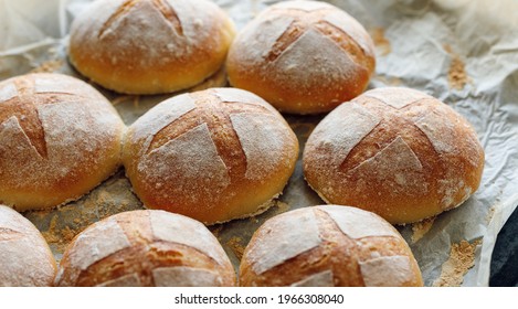 Close Up View Of Fresh Yeast Buns. Homemade Traditional Bread Rolls