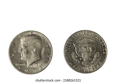 Close up view of front and back side of half USA dollar coin dated 1972. Numismatic concept. 