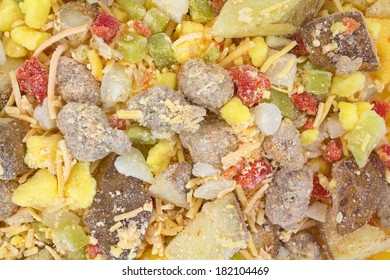 A Close View Of A Frozen Breakfast Meal Ready To Microwave And Eat.