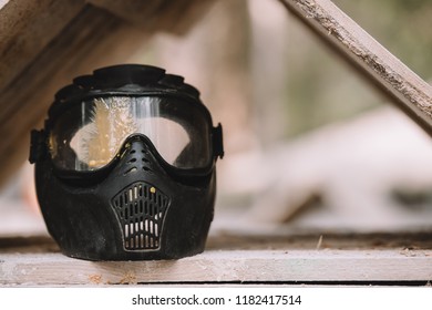 Close Up View Of Goggle Mask Covered By Paintball Splash Outdoors 