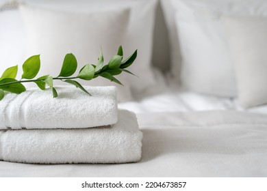 Close up view of green branch on fresh bathroom towels. Concept of dry cleaning, hygiene and laundry in hotel or home. Room service preparing accommodation for new guest. Advertising, copy space