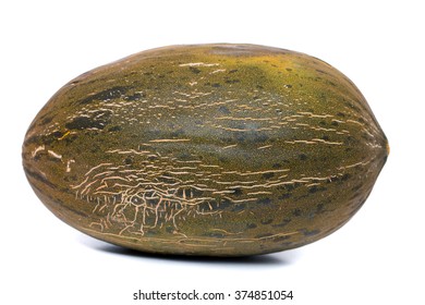 Close up view of a green melon (piel de sapo) isolated on a white background.