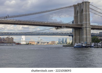 Close Up View Of Hudson River, Manhattan Skyscrapers And Brooklyn Bridge. USA.