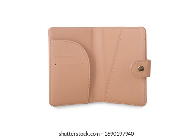 A Close View Of Inside Part Of An Open Pink Leather Passport Case With Press Stud Isolated On A White Background.