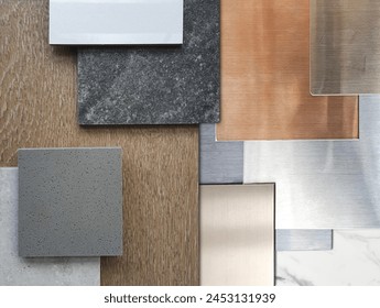 close up view of interior material samples including wood veneer, ceramic tiles, multi color of aluminium metallics, travertine granite tile, artificial stone, white marble. deluxe materials.