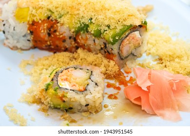 Close Up View Of A Japanese Sushi Shrimp Tempura Roll.