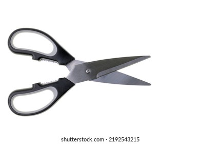 Close up view of kitchen scissors on white background. 