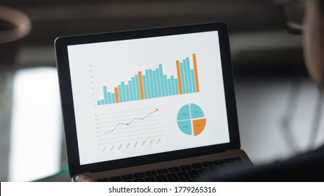 Close up view of laptop screen with financial diagram project statistics, colorful company graphs computer gadget monitor, person look at device analyze corporate finances online, economics concept