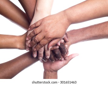 A Close Up View Of A Large Group Of People Of Mixed Races And Genders Holding Hands In A Supportive Manner.