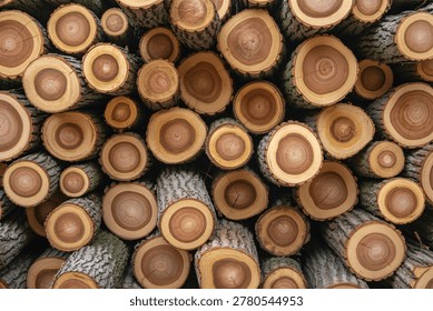 A close up view of a large stack of cut logs showing the wood grain and tree rings