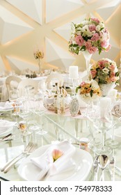 Close up view at luxurious wedding table decoration