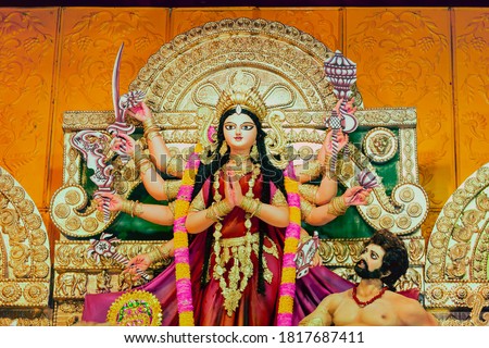 Close up view of Maa Durga's Face during Durga Puja festival. Durga Puja or Durgotsava,is an annual Hindu festival celebrated mainly in West Bengal,India.