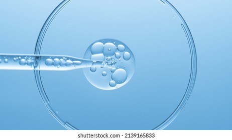 Close up view macro shot of gel with different sized bubbles comes out from lab dropper into petri dish on blue background | Abstract face care gel with hyaluronic acid mixing concept - Shutterstock ID 2139165833