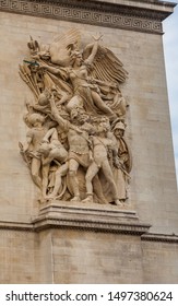 Close View Of Main Sculpture On The Arc De Triomphe's East Pillar. Le Départ De 1792 Or La Marseillaise By François Rude Celebrates The French First Republic With A Winged Personification Of Liberty. 