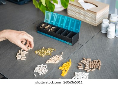Close up view of Man hand sorting his pills and supplements into a weekly pill organizer. Concept of medication management and daily health routine. High quality photo