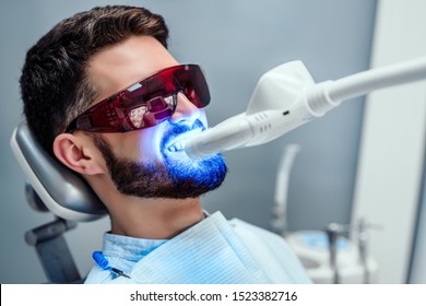 Close up view of man undergoing laser tooth whitening treatment to remove stains and discoloration. - Shutterstock ID 1523382716