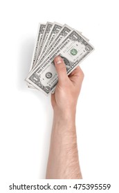 Close up view of a man's hand holding one dollar bills isolated on white background. Money and currency. Paying and buying.