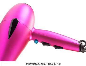 Close Up View Of A Metallic Pink Hair Dryer Isolated On A White Background.