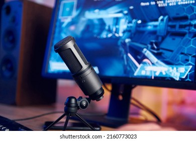 Close Up View Of Microphone. PC At Home With Shooter Game Launched On. FPS Experience Virtual Reality.