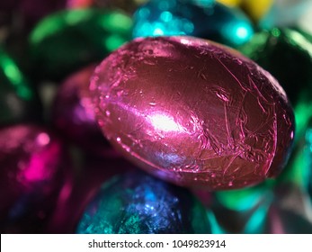 Close up view of mini chocolate Easter eggs