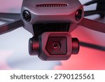 Close up view of a modern drone camera with a large micro four thirds sensor mounted on a 3 axis stabilization gimbal
