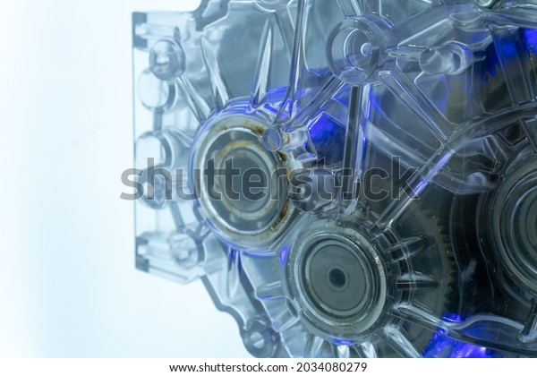 close up view of modern\
electricity car engine and spare part. selective focus with copy\
space.