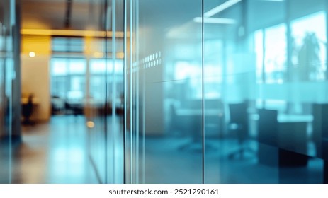 close up view of modern office space featuring glass walls, creating sleek and professional atmosphere. soft lighting enhances contemporary design, inviting productivity and collaboration.