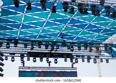 Close View Of Music Concert Festival Stage Lights.