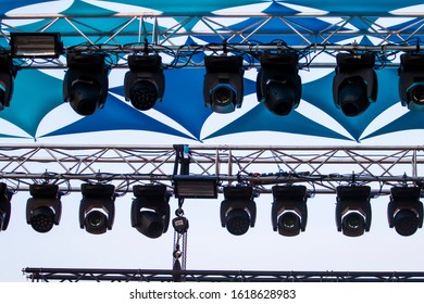 Close View Of Music Concert Festival Stage Lights.