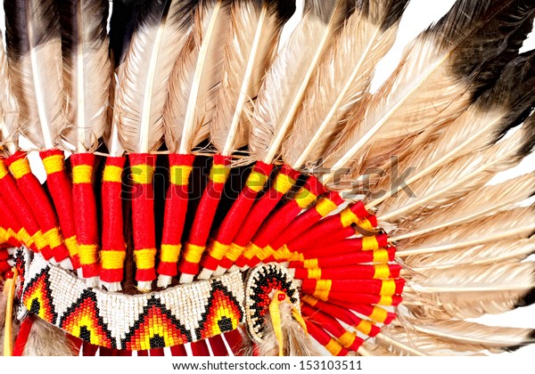 Close\
up view of native american indian chief headdress (indian chief\
mascot, indian tribal headdress, indian\
headdress)
