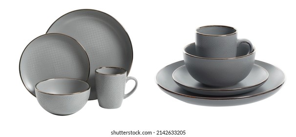 close up view of nice cookware set on white background, kitchenware set. Grey cookware set, Teacup Set