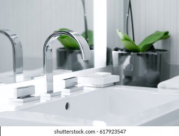 Close Up View Of Nice Metal Faucet In Modern Bathroom