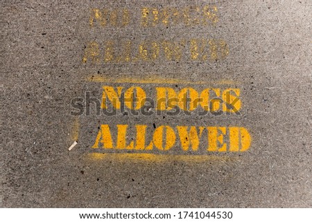 a close up view of a no dogs allowed sign spray painted onto the tar pavment 