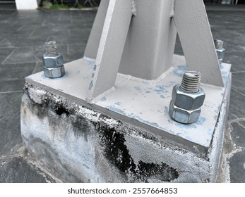 close up view of nut and blot of which can fix a steel column with a concrete base