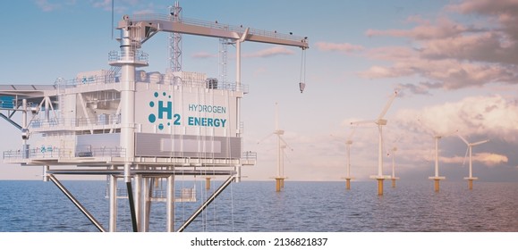 Close Up View Of Offshore Hydrogen Production Through A Hydrogen Rig Platform With An Offshore Wind Turbine Farm In The Middle Of The Sea. 3d Rendering.