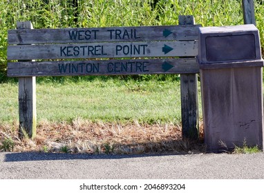 A Close View Of The Old Wood Trail Sign In The Park.