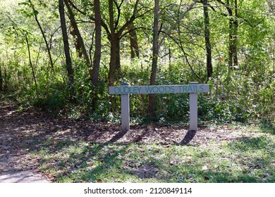 A Close View Of The Old Wood Trail Sign In The Woods.