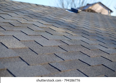 Close Up View On Asphalt Bitumen Tile Roof. 