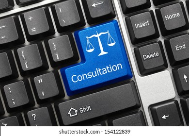 Close up view on conceptual keyboard - Consultation (blue key with law symbol) - Shutterstock ID 154122839