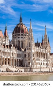 Close up view on left side of beautiful facade of famous hungarian parliament in Budapest.