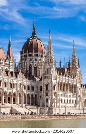 Close up view on left side of beautiful facade of famous hungarian parliament in Budapest.