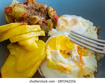 Close View  On Plate With Simple Handmade Slavic Food - Fried  Egs, Potato And Other Vegetables
