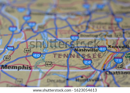 Close up view on the road map with marker, around the state of Tennesee, USA