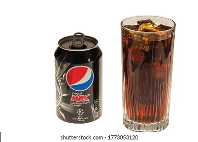 Close Up View Of Open Pepsi Can And Soda With Ice In Crystal Glass. Drink Concept. Health Concept. Sweden. Uppsala. 07.04.2020.