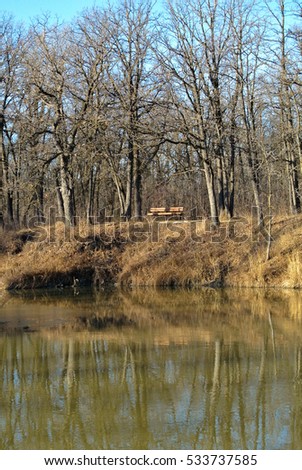 Close up view of a park bench overlooking the Seine River in Bois Des Esprits Park, Winnipeg, Manitoba